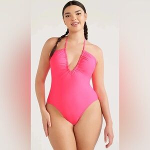 No Boundaries Swimsuit one piece SZ L 11-13 HOT PINK Ruched V Neck summer beach